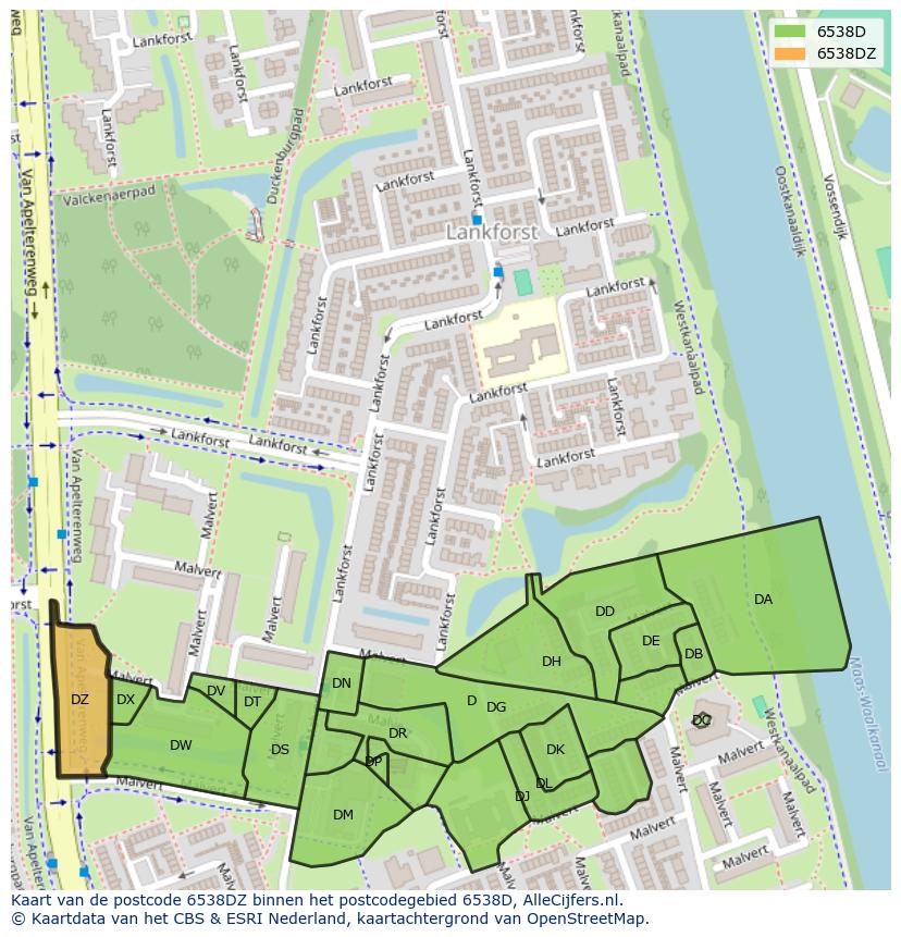 Afbeelding van het postcodegebied 6538 DZ op de kaart.