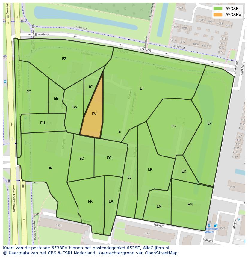Afbeelding van het postcodegebied 6538 EV op de kaart.