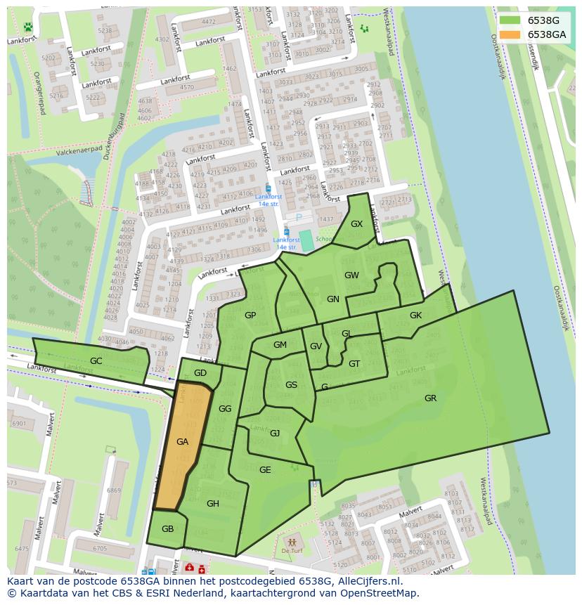Afbeelding van het postcodegebied 6538 GA op de kaart.