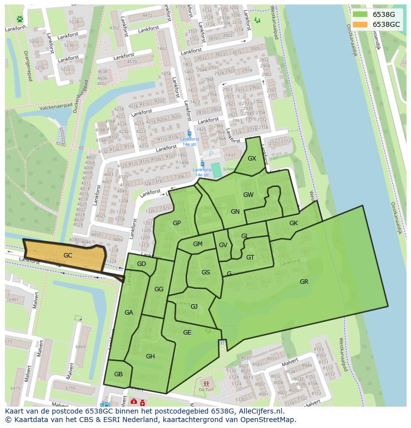 Afbeelding van het postcodegebied 6538 GC op de kaart.