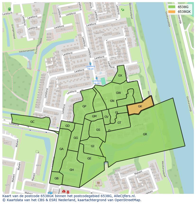 Afbeelding van het postcodegebied 6538 GK op de kaart.
