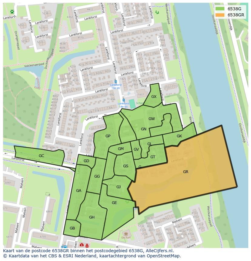 Afbeelding van het postcodegebied 6538 GR op de kaart.