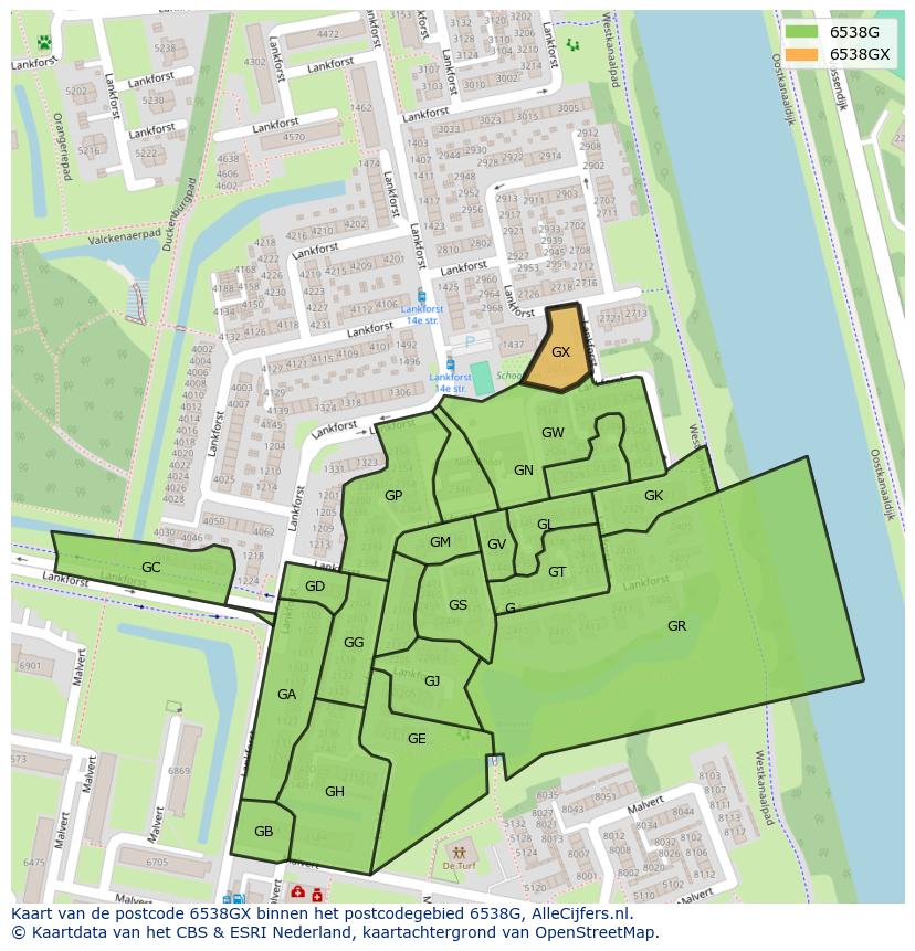 Afbeelding van het postcodegebied 6538 GX op de kaart.