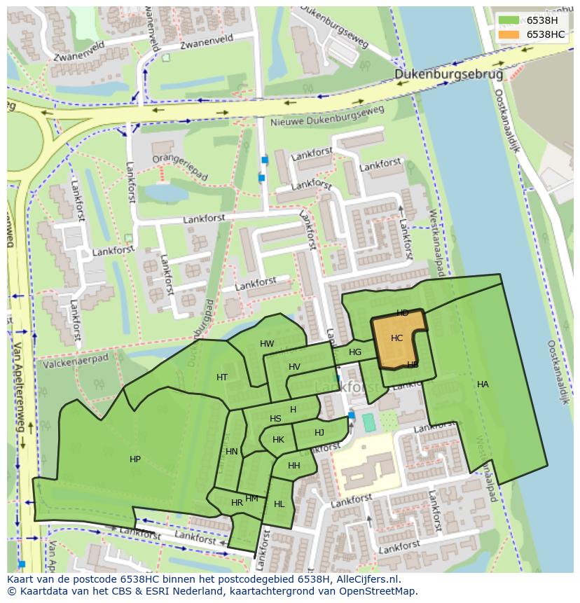 Afbeelding van het postcodegebied 6538 HC op de kaart.