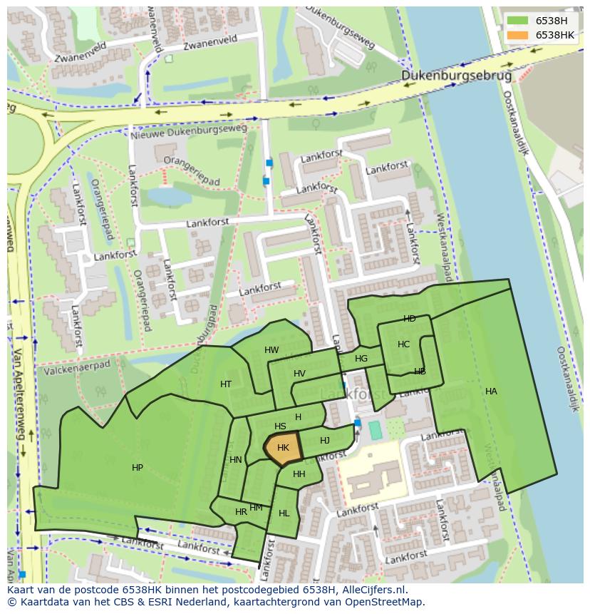 Afbeelding van het postcodegebied 6538 HK op de kaart.