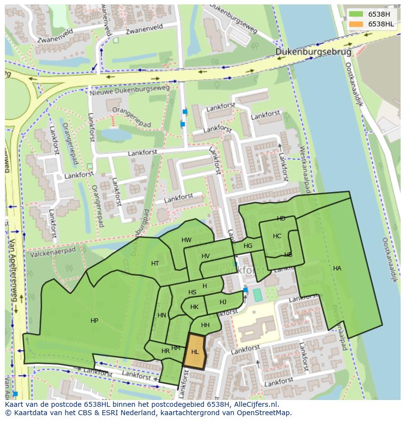 Afbeelding van het postcodegebied 6538 HL op de kaart.