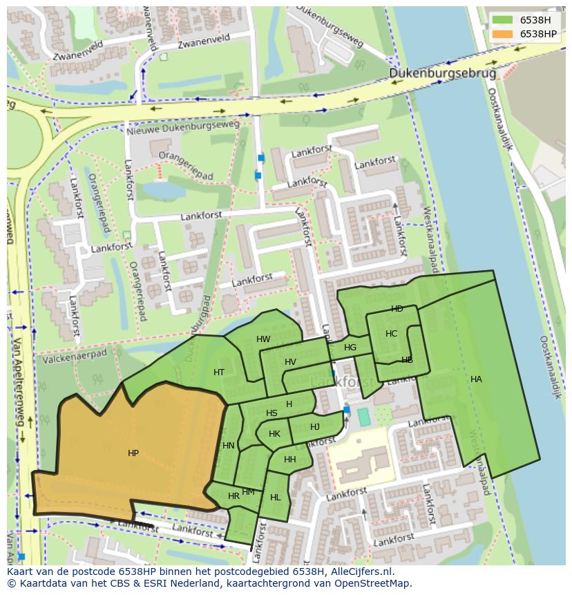 Afbeelding van het postcodegebied 6538 HP op de kaart.