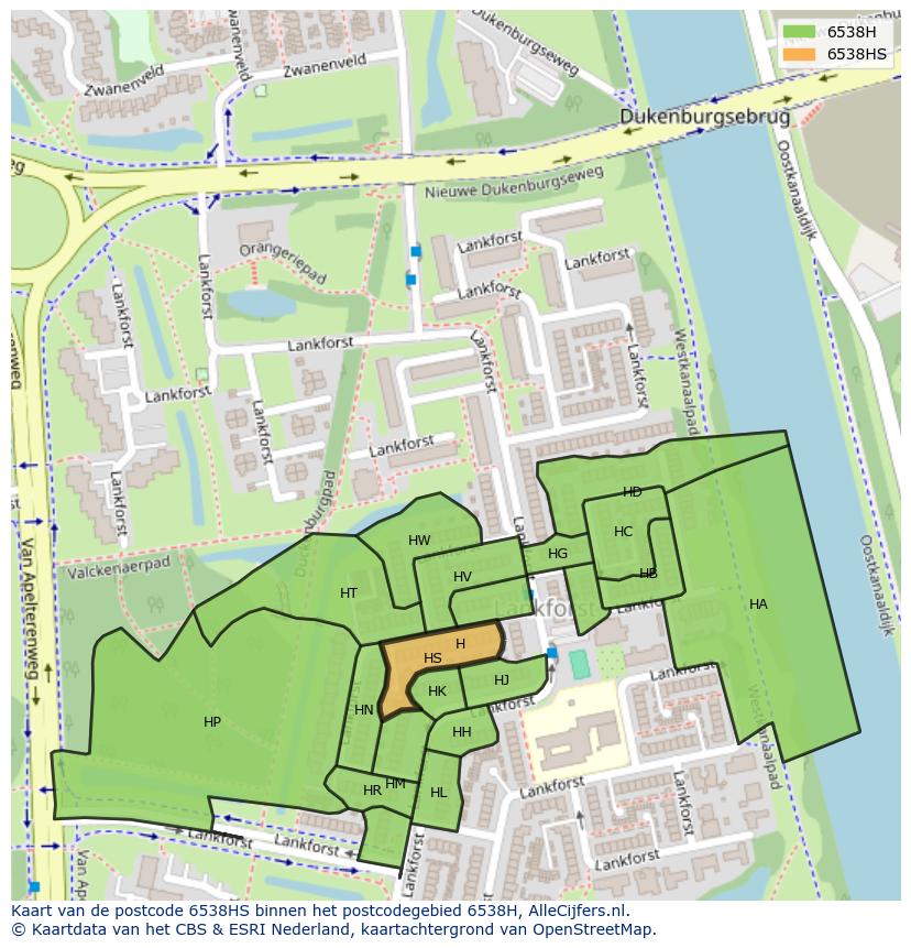 Afbeelding van het postcodegebied 6538 HS op de kaart.