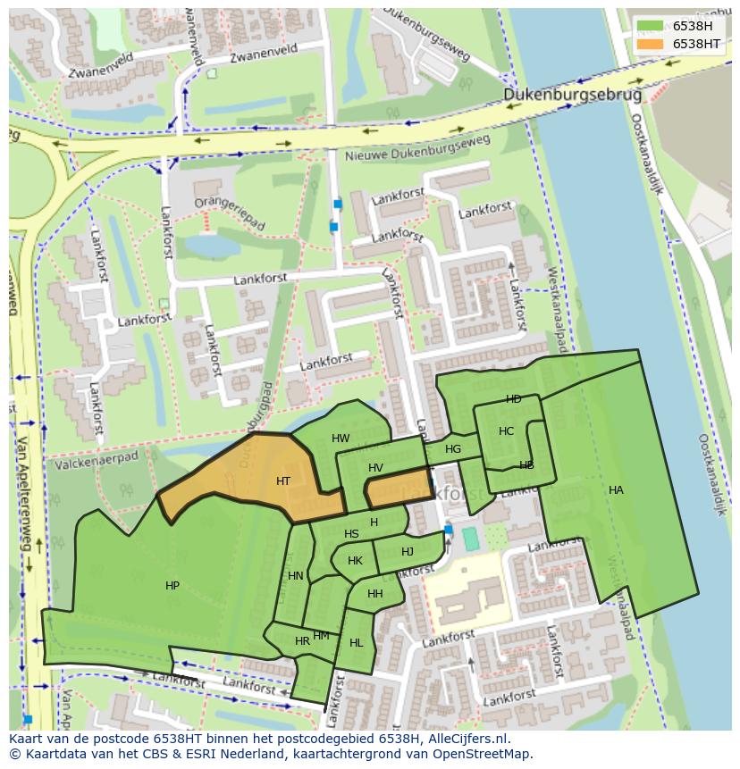 Afbeelding van het postcodegebied 6538 HT op de kaart.
