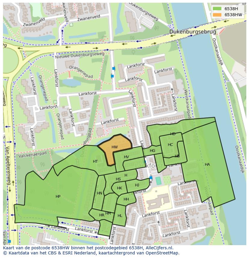Afbeelding van het postcodegebied 6538 HW op de kaart.