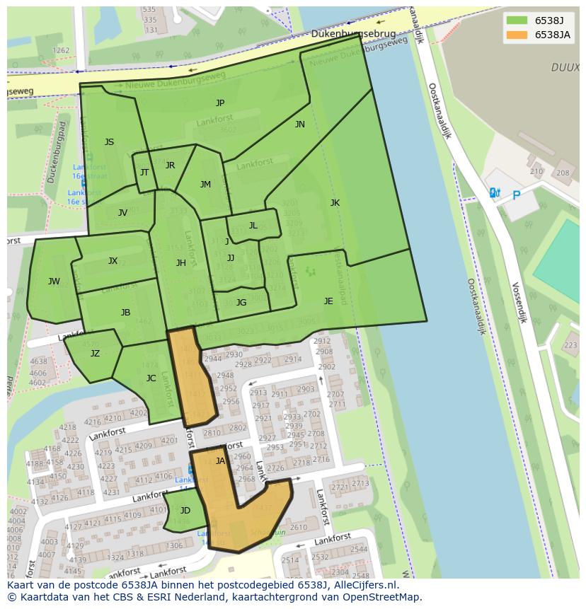 Afbeelding van het postcodegebied 6538 JA op de kaart.