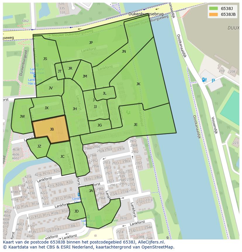 Afbeelding van het postcodegebied 6538 JB op de kaart.