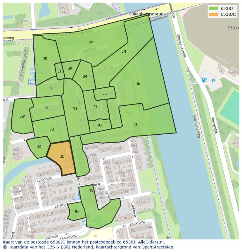 Afbeelding van het postcodegebied 6538 JC op de kaart.