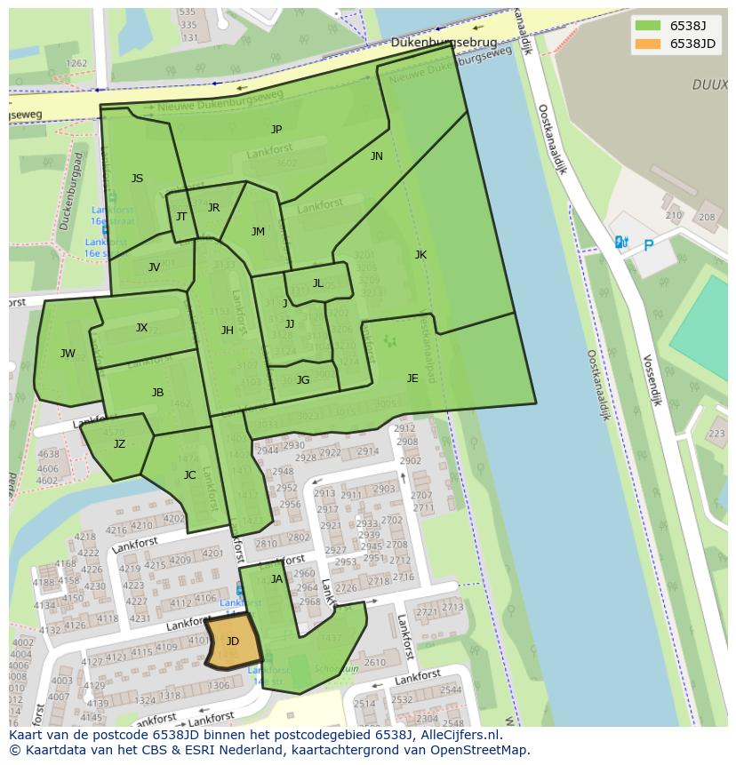 Afbeelding van het postcodegebied 6538 JD op de kaart.