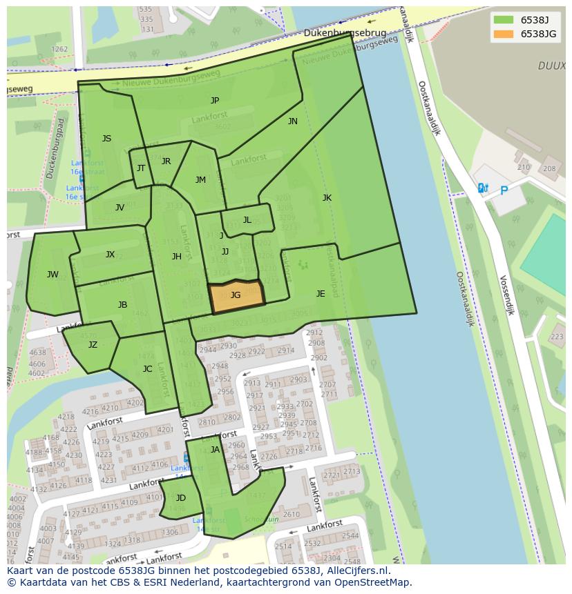 Afbeelding van het postcodegebied 6538 JG op de kaart.