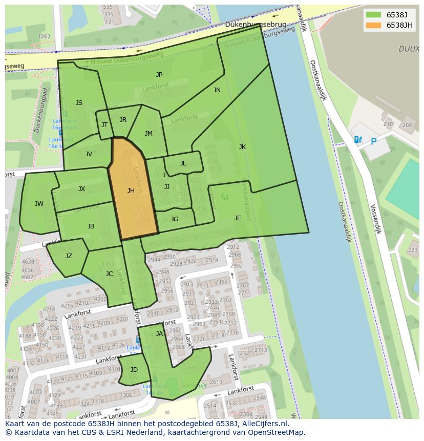 Afbeelding van het postcodegebied 6538 JH op de kaart.