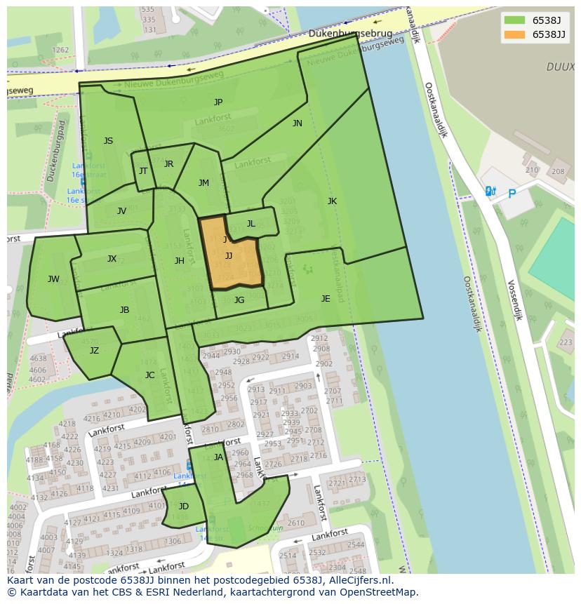 Afbeelding van het postcodegebied 6538 JJ op de kaart.