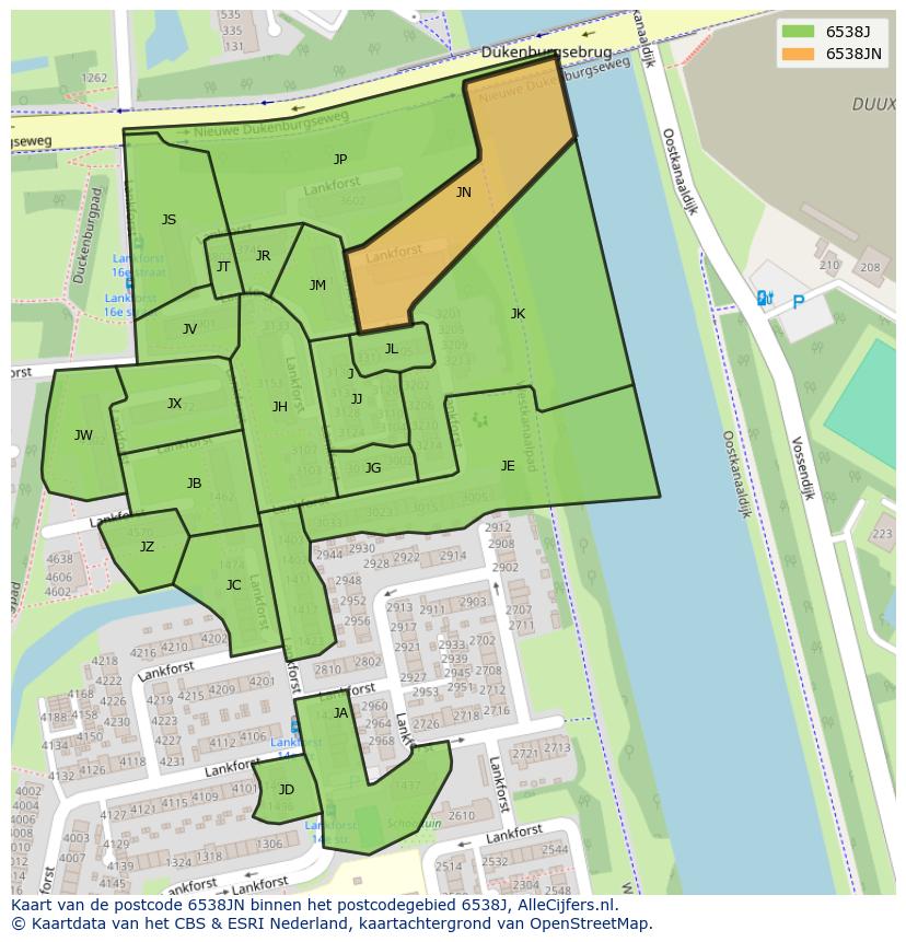 Afbeelding van het postcodegebied 6538 JN op de kaart.