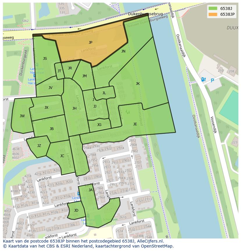 Afbeelding van het postcodegebied 6538 JP op de kaart.