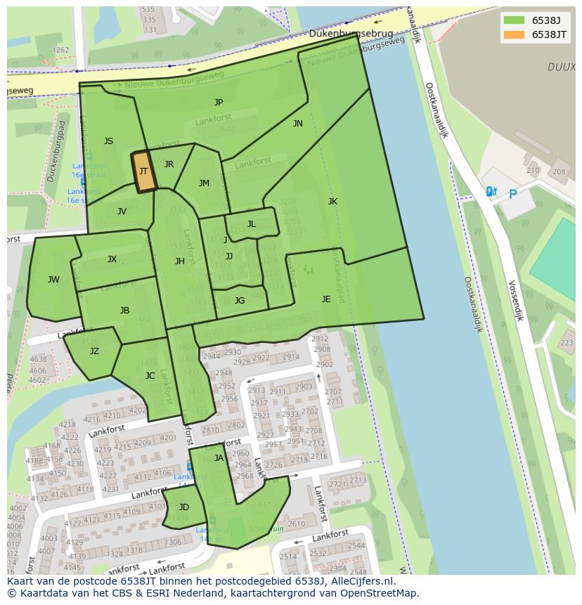 Afbeelding van het postcodegebied 6538 JT op de kaart.