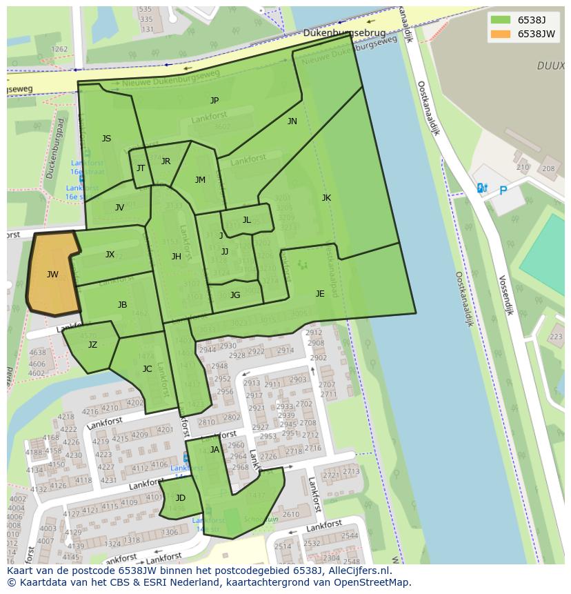 Afbeelding van het postcodegebied 6538 JW op de kaart.