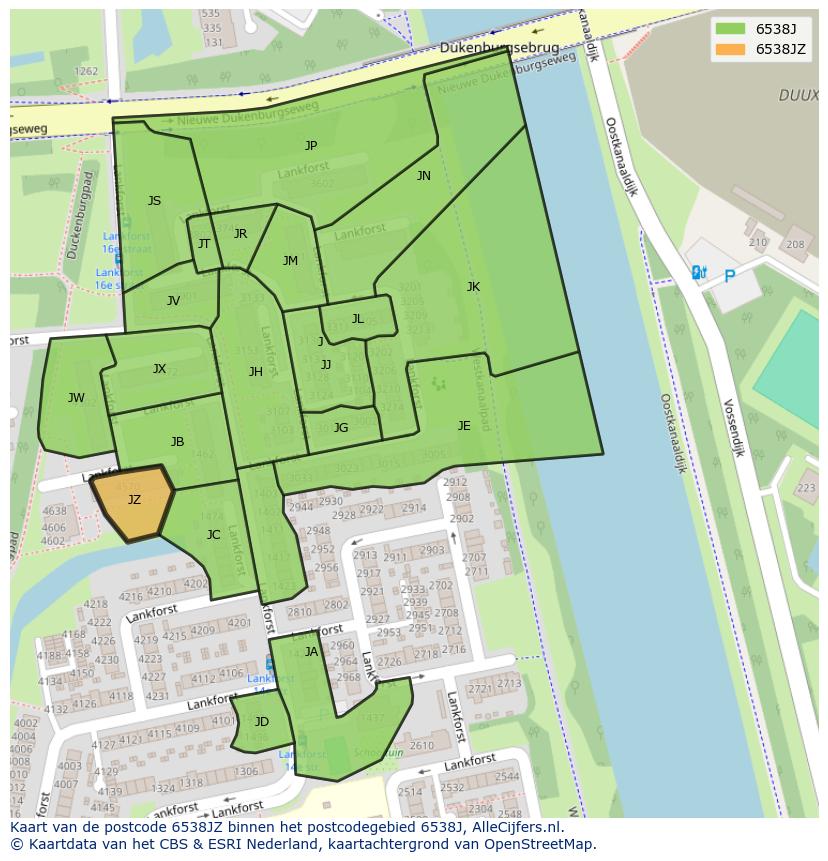 Afbeelding van het postcodegebied 6538 JZ op de kaart.
