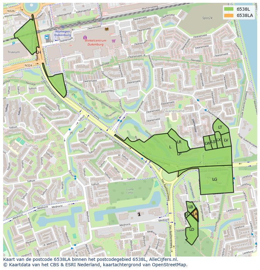 Afbeelding van het postcodegebied 6538 LA op de kaart.
