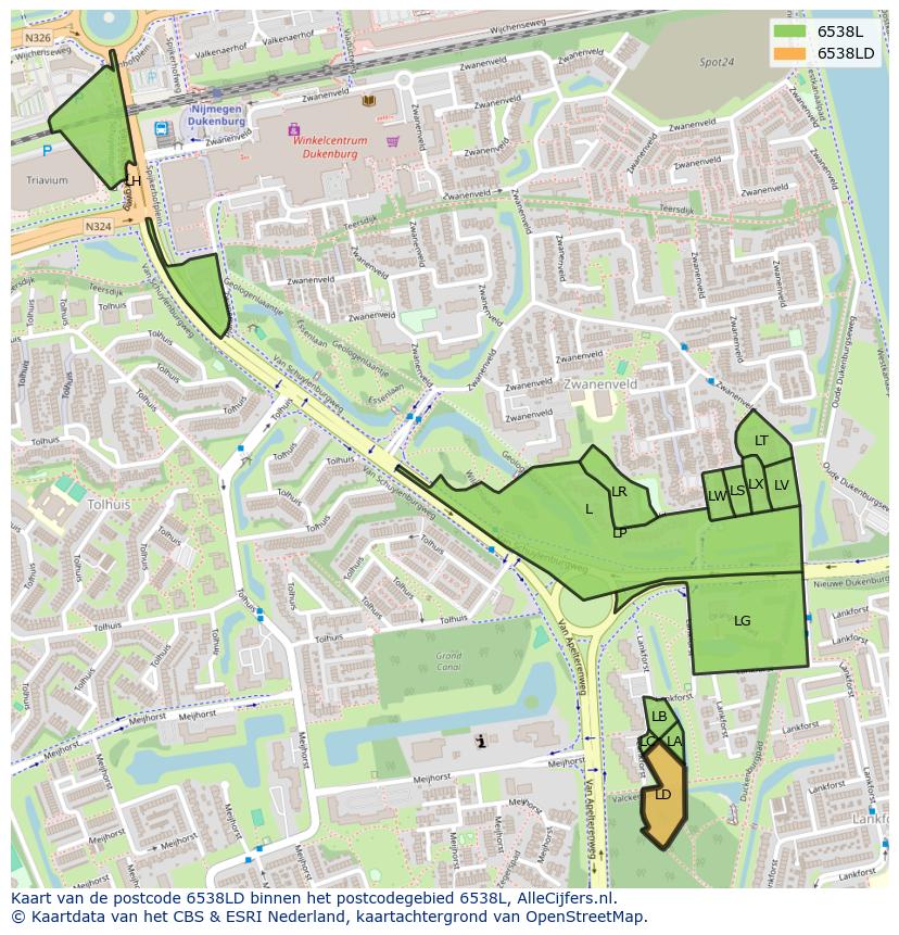 Afbeelding van het postcodegebied 6538 LD op de kaart.