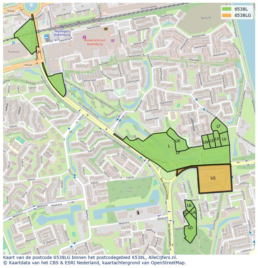 Afbeelding van het postcodegebied 6538 LG op de kaart.