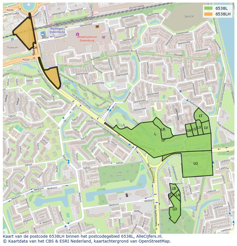 Afbeelding van het postcodegebied 6538 LH op de kaart.
