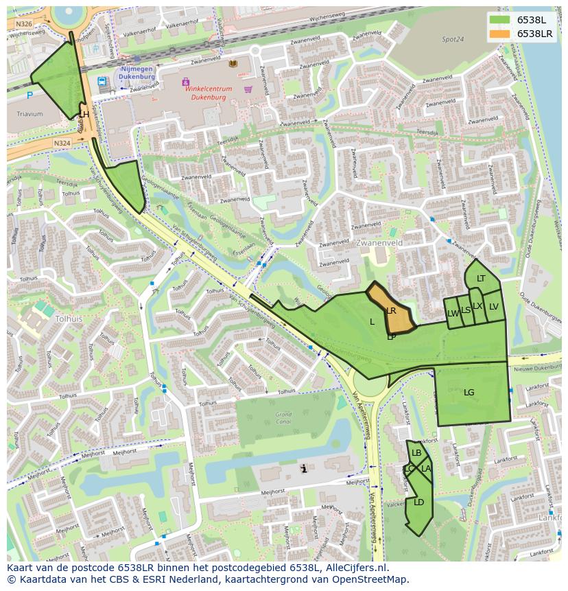 Afbeelding van het postcodegebied 6538 LR op de kaart.