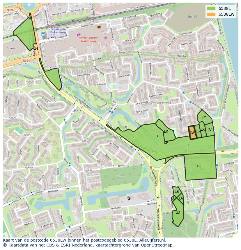 Afbeelding van het postcodegebied 6538 LW op de kaart.