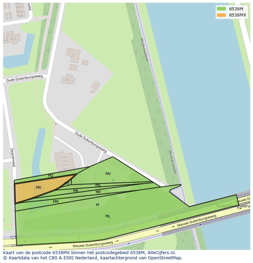Afbeelding van het postcodegebied 6538 MX op de kaart.