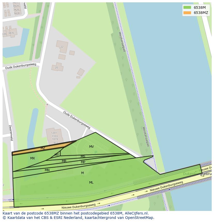 Afbeelding van het postcodegebied 6538 MZ op de kaart.