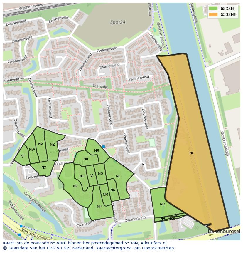 Afbeelding van het postcodegebied 6538 NE op de kaart.