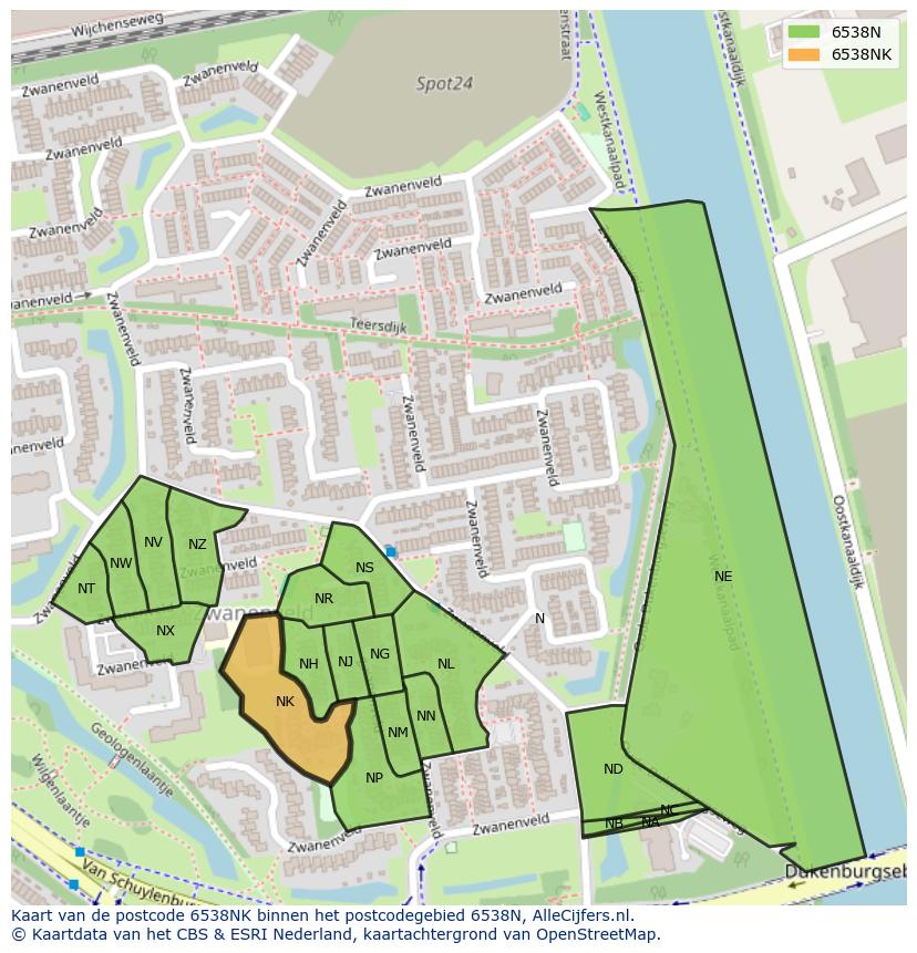 Afbeelding van het postcodegebied 6538 NK op de kaart.