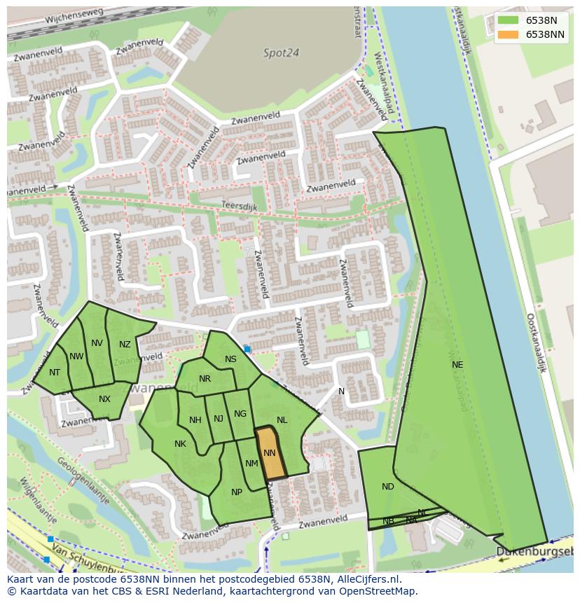 Afbeelding van het postcodegebied 6538 NN op de kaart.
