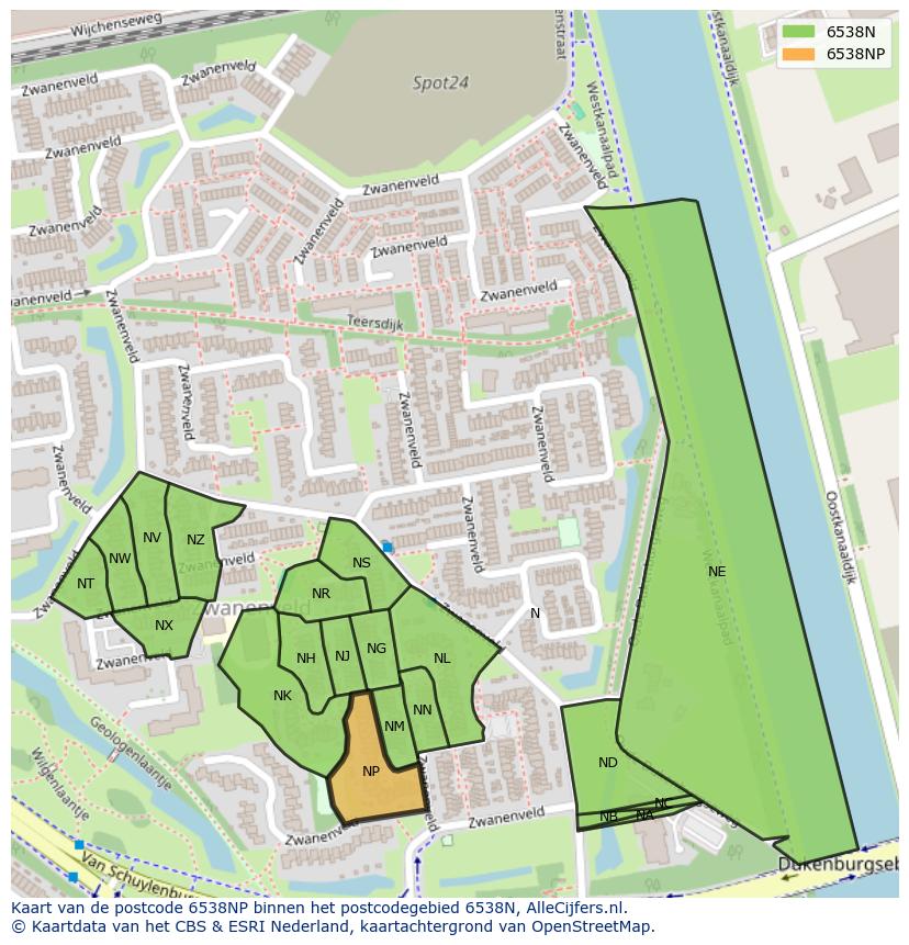Afbeelding van het postcodegebied 6538 NP op de kaart.