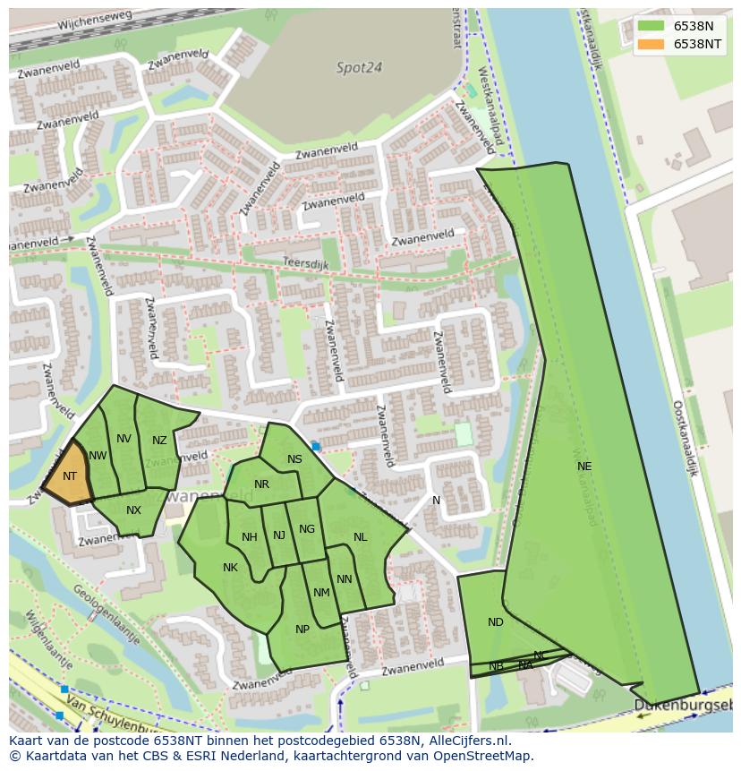 Afbeelding van het postcodegebied 6538 NT op de kaart.