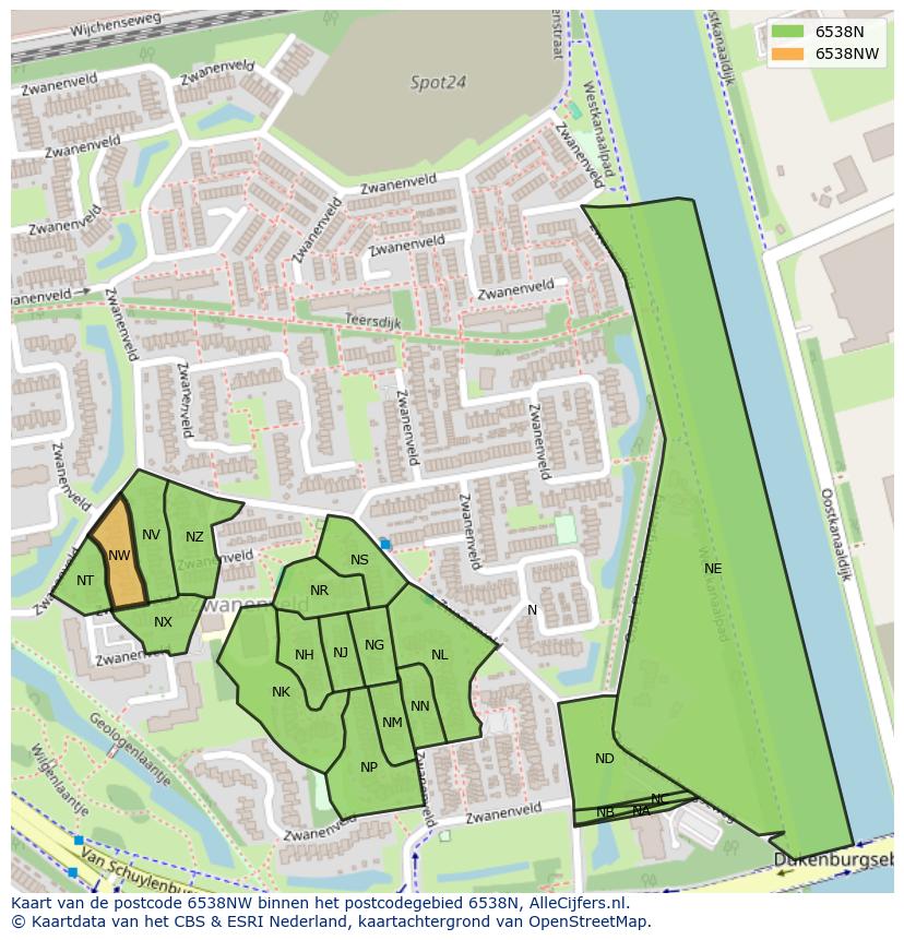 Afbeelding van het postcodegebied 6538 NW op de kaart.