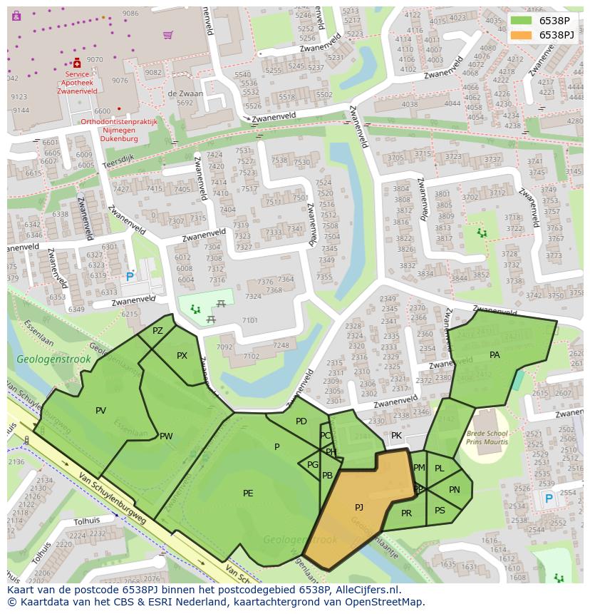Afbeelding van het postcodegebied 6538 PJ op de kaart.
