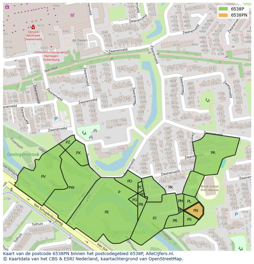 Afbeelding van het postcodegebied 6538 PN op de kaart.