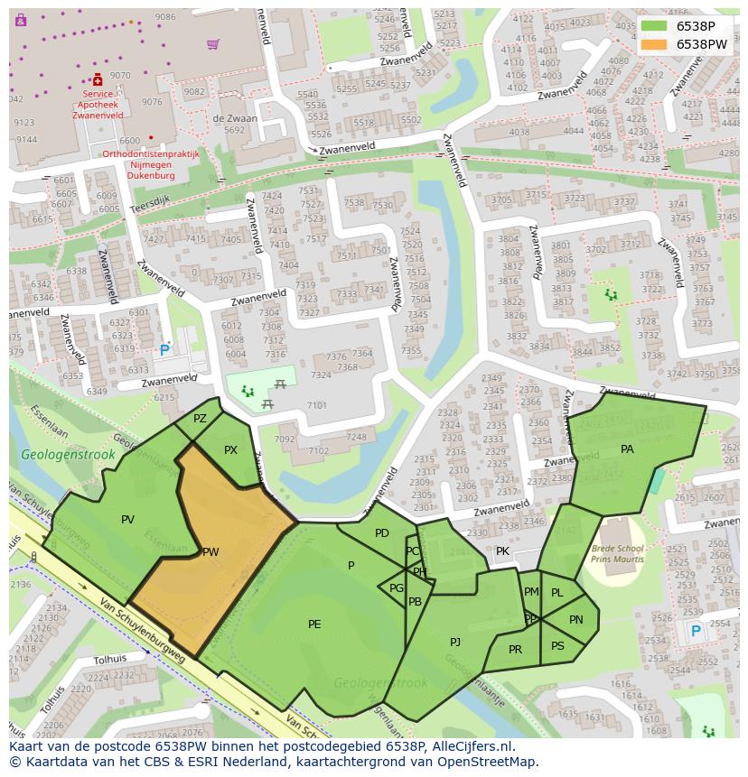 Afbeelding van het postcodegebied 6538 PW op de kaart.
