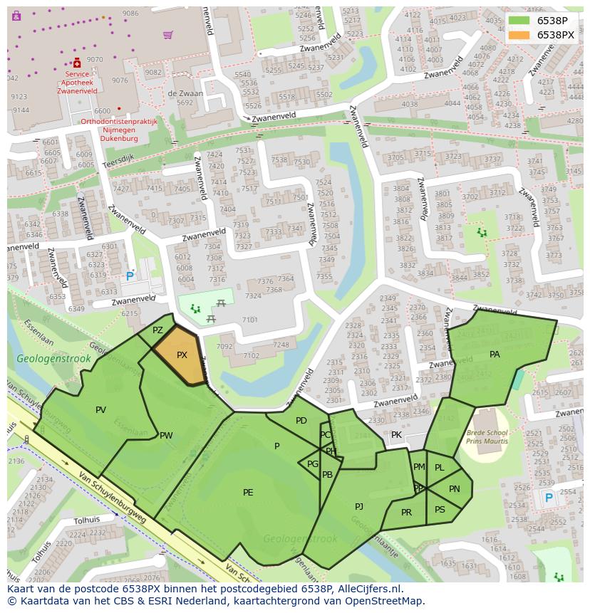 Afbeelding van het postcodegebied 6538 PX op de kaart.