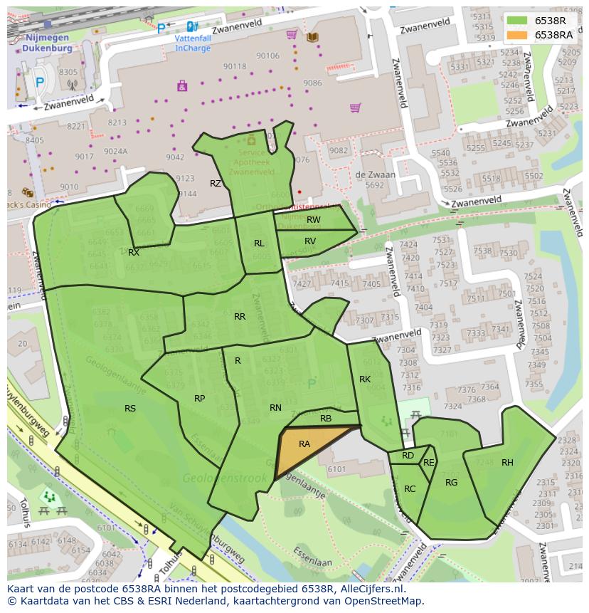Afbeelding van het postcodegebied 6538 RA op de kaart.