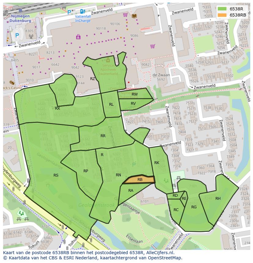 Afbeelding van het postcodegebied 6538 RB op de kaart.