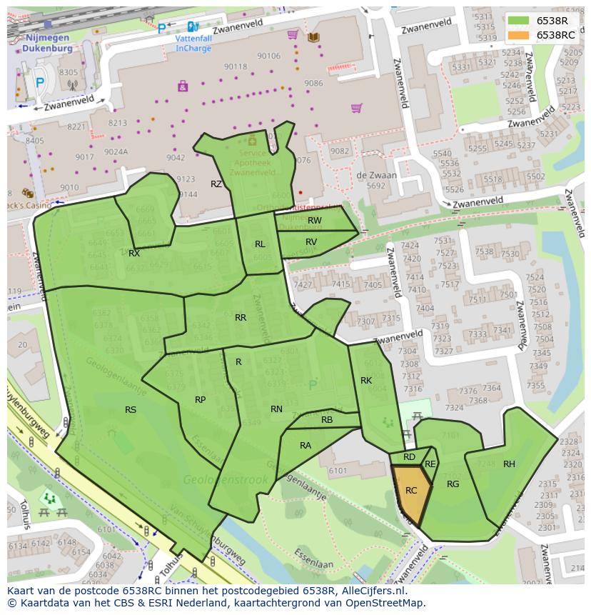 Afbeelding van het postcodegebied 6538 RC op de kaart.
