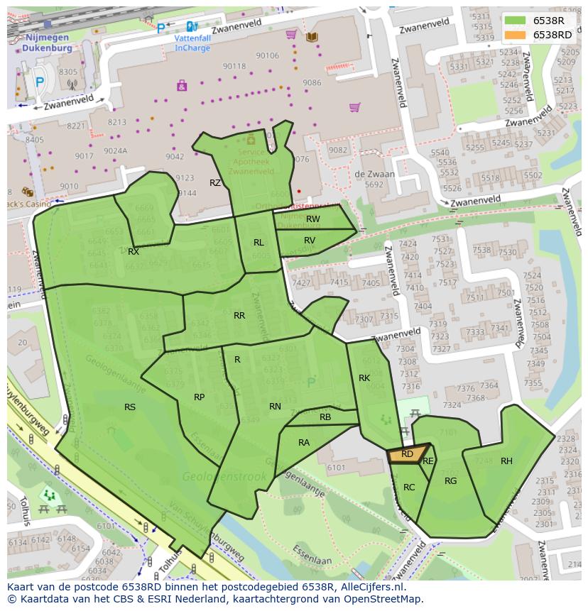 Afbeelding van het postcodegebied 6538 RD op de kaart.
