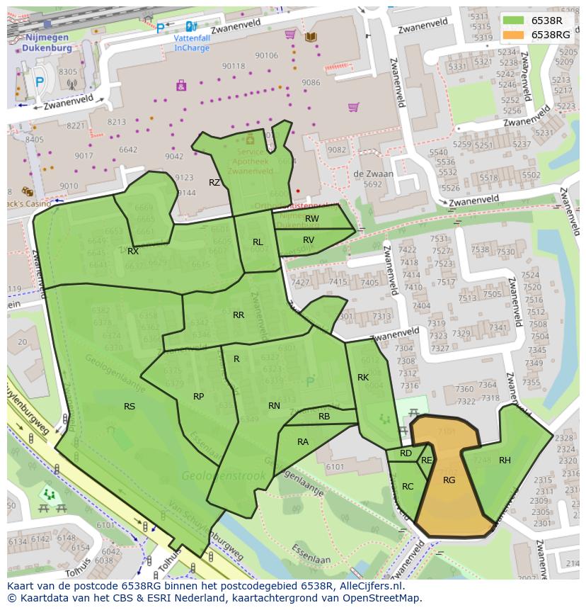 Afbeelding van het postcodegebied 6538 RG op de kaart.