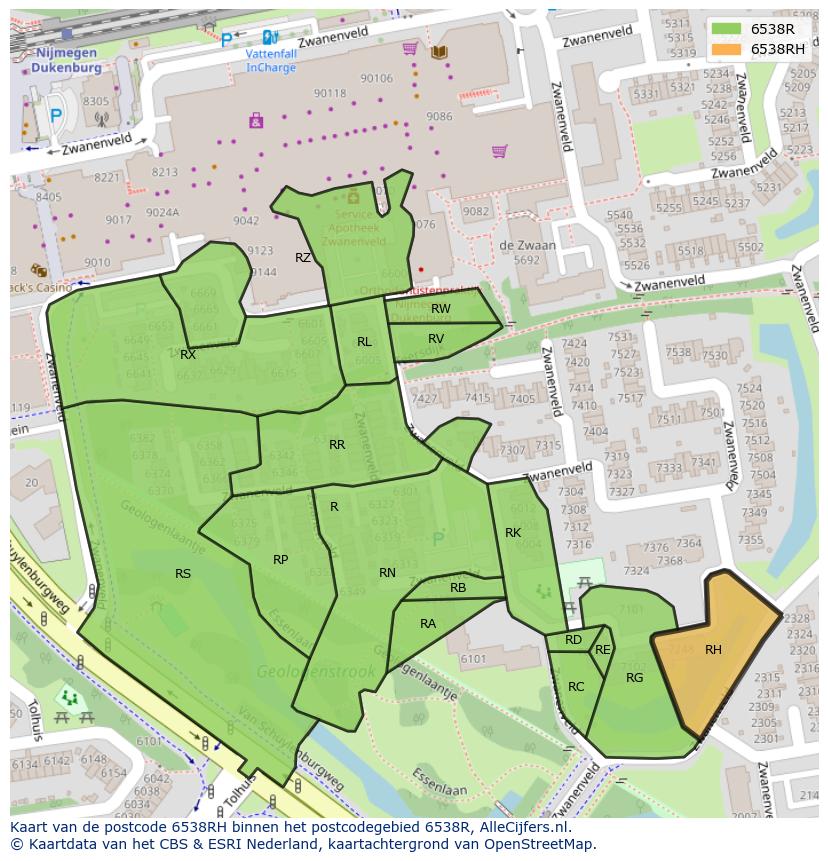 Afbeelding van het postcodegebied 6538 RH op de kaart.